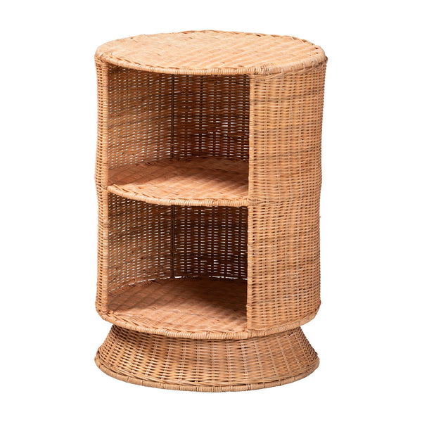 Baxton Studio Bali & Pari Dorielle Handwoven Rattan Round Pedestal End Table with Open Shelves WS292-Honey Ada Rattan-ET