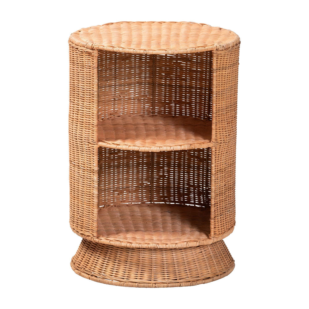 Baxton Studio Bali & Pari Dorielle Handwoven Rattan Round Pedestal End Table with Open Shelves WS292-Honey Ada Rattan-ET