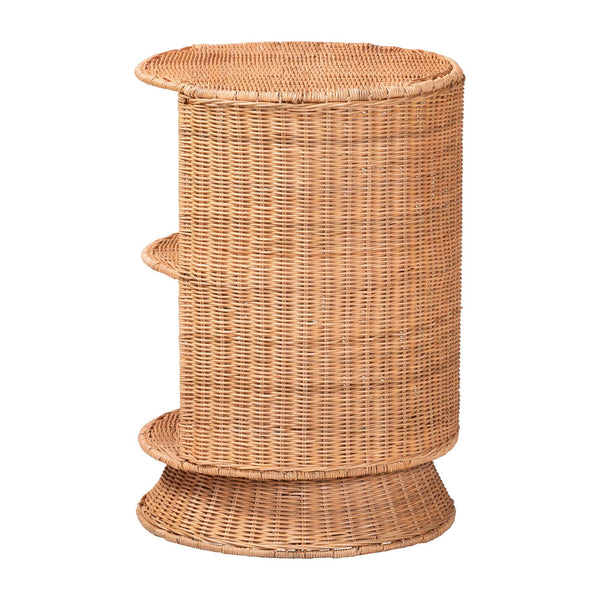 Bali & Pari Dorielle Handwoven Rattan Round Pedestal End Table with Open Shelves
