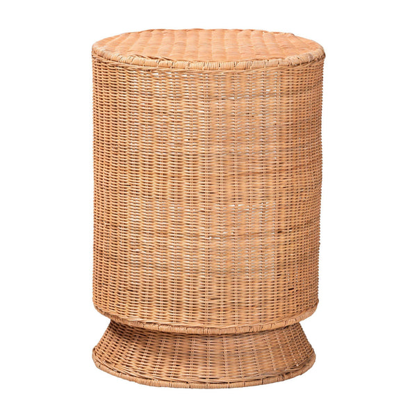 Bali & Pari Dorielle Handwoven Rattan Round Pedestal End Table with Open Shelves