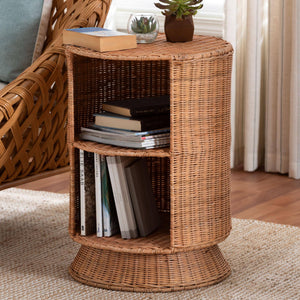 Bali & Pari Dorielle Handwoven Rattan Round Pedestal End Table with Open Shelves