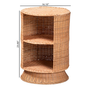 Bali & Pari Dorielle Handwoven Rattan Round Pedestal End Table with Open Shelves