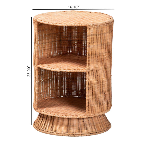 Bali & Pari Dorielle Handwoven Rattan Round Pedestal End Table with Open Shelves