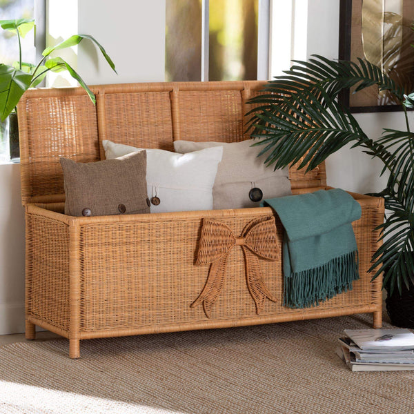 Bali & Pari Creusa Handcrafted Rattan Lift Top Storage Bench with Woven Bow