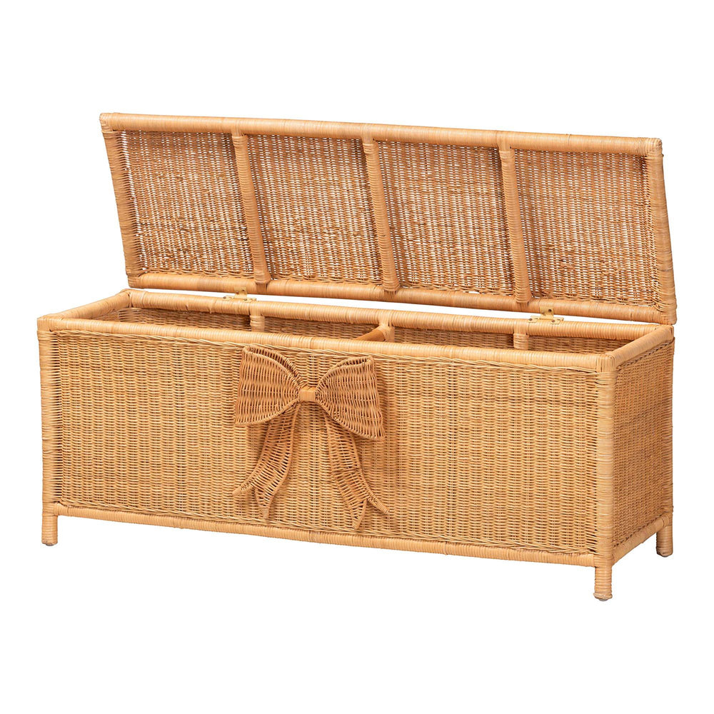 Baxton Studio Bali & Pari Creusa Handcrafted Rattan Lift Top Storage Bench with Woven Bow WS295-Large-Honey Ada Rattan-Bench