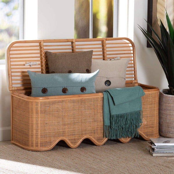 Bali & Pari Rivka Handcrafted Rattan Lift Top Storage Bench with Scalloped Skirt