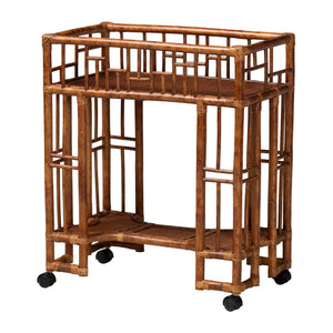 Baxton Studio Bali & Pari Tahlia Handcrafted Natural Rattan Bar Cart with Tortoise Finish Open Shelves WS299-Tortoise-Cart
