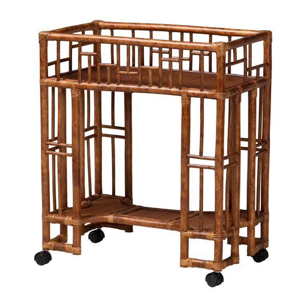 Baxton Studio Bali & Pari Tahlia Handcrafted Natural Rattan Bar Cart with Tortoise Finish Open Shelves WS299-Tortoise-Cart