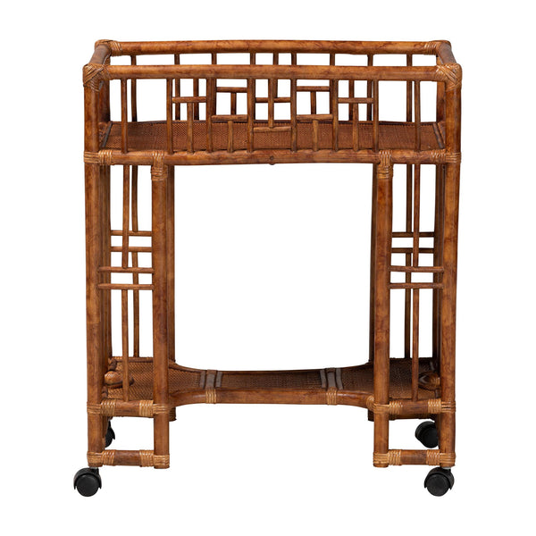 Bali & Pari Tahlia Handcrafted Natural Rattan Bar Cart with Tortoise Finish Open Shelves