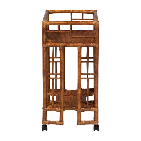 Bali & Pari Tahlia Handcrafted Natural Rattan Bar Cart with Tortoise Finish Open Shelves