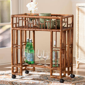 Bali & Pari Tahlia Handcrafted Natural Rattan Bar Cart with Tortoise Finish Open Shelves