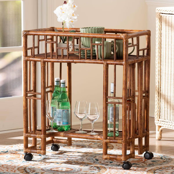 Bali & Pari Tahlia Handcrafted Natural Rattan Bar Cart with Tortoise Finish Open Shelves