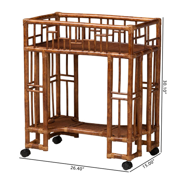 Bali & Pari Tahlia Handcrafted Natural Rattan Bar Cart with Tortoise Finish Open Shelves