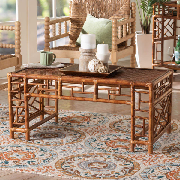 Bali & Pari Wahid Handcrafted Natural Rattan Coffee Table with Woven Tortoise Finish