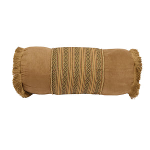 Hiend Accents Tan Exquisite Neckroll With Woven Chocolate Stripes, Faux Suede Elegance, And Plush Gold Fringe   Ws3010p7b