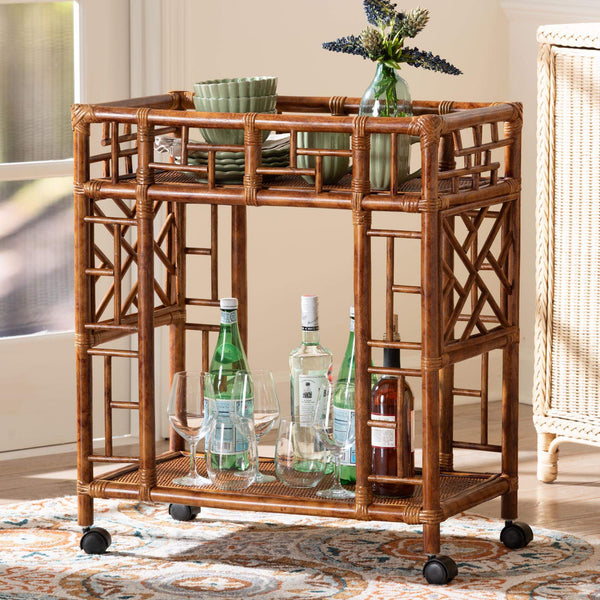 Bali & Pari Wahid Handcrafted Natural Rattan Kitchen Cart with Tortoise Motif Finish