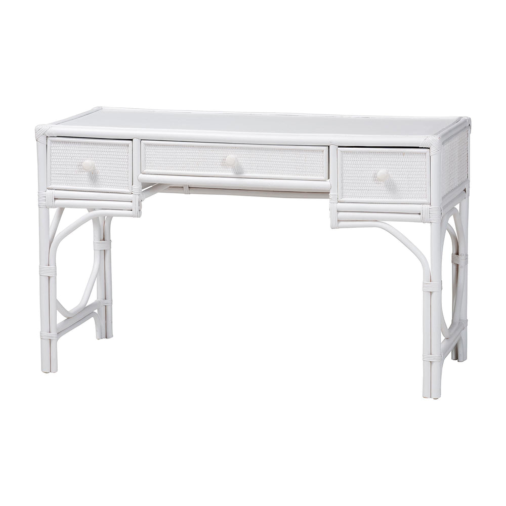 Baxton Studio Bali & Pari Arben Handcrafted Rattan Writing Desk with Three Woven Drawers WS305-Med-White Rattan-Desk