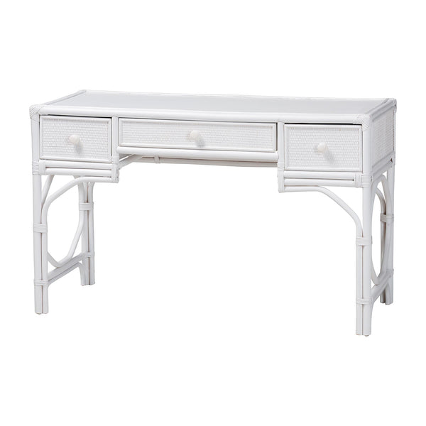 Baxton Studio Bali & Pari Arben Handcrafted Rattan Writing Desk with Three Woven Drawers WS305-Med-White Rattan-Desk