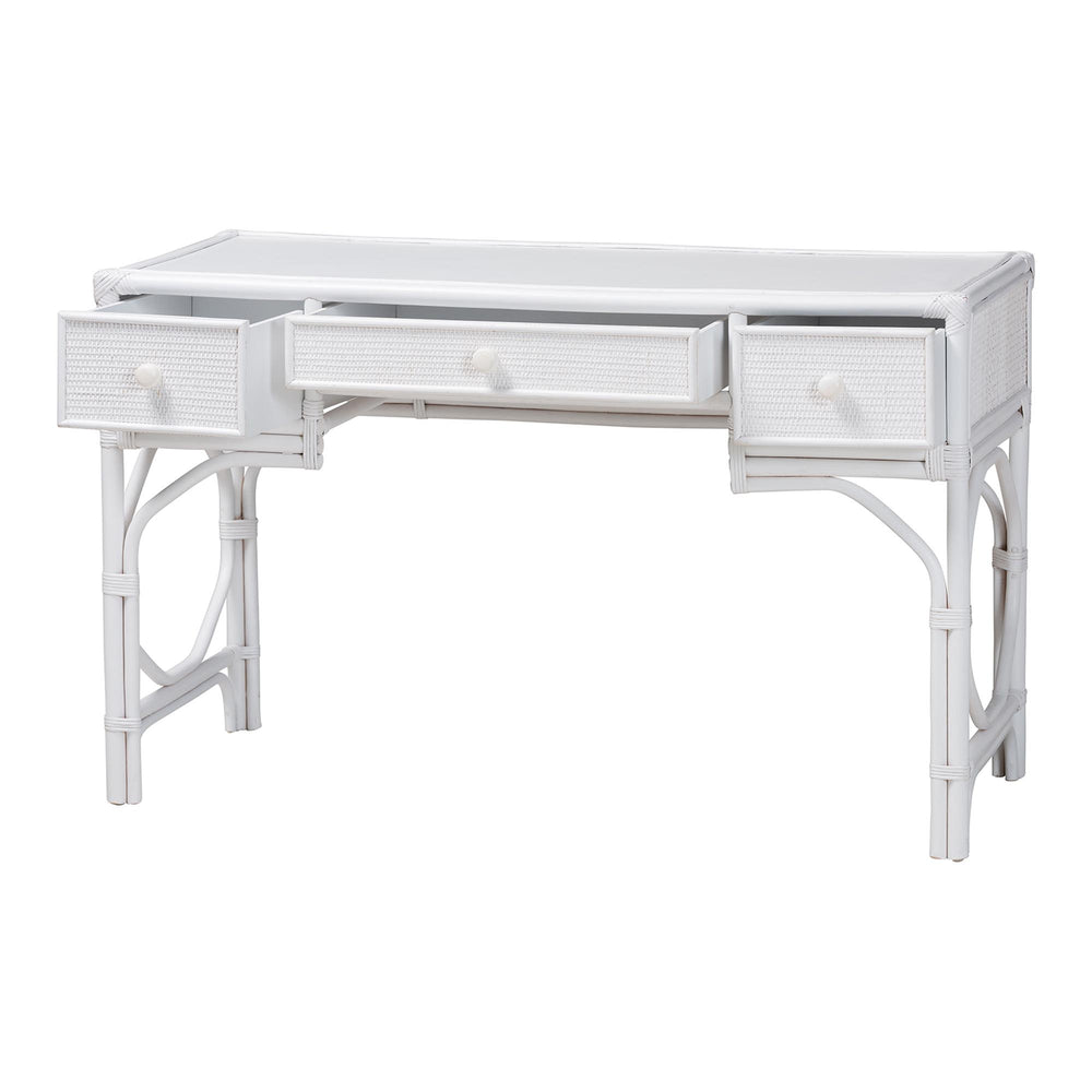 Baxton Studio Bali & Pari Arben Handcrafted Rattan Writing Desk with Three Woven Drawers WS305-Med-White Rattan-Desk