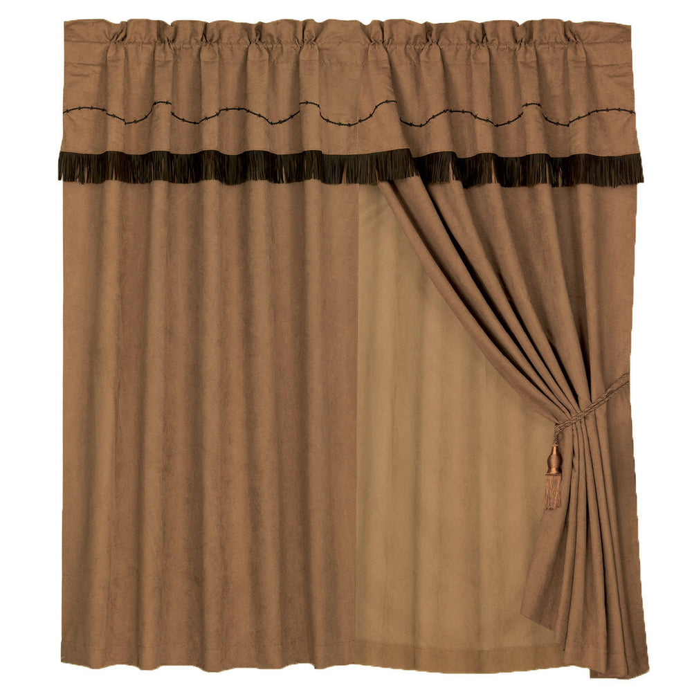 Hiend Accents Barbwire Embroidered Curtain - Rustic Elegance With Faux Suede & Leather Fringe For Western Décor Tan 100% Polyester Ws3182c-os-dt