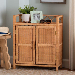 Bali & Pari Hendrina Handcrafted Rattan Mahogany Shoe Cabinet Boho Entryway Organizer