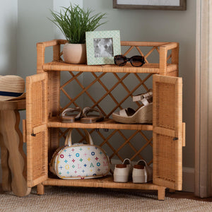 Bali & Pari Hendrina Handcrafted Rattan Mahogany Shoe Cabinet Boho Entryway Organizer