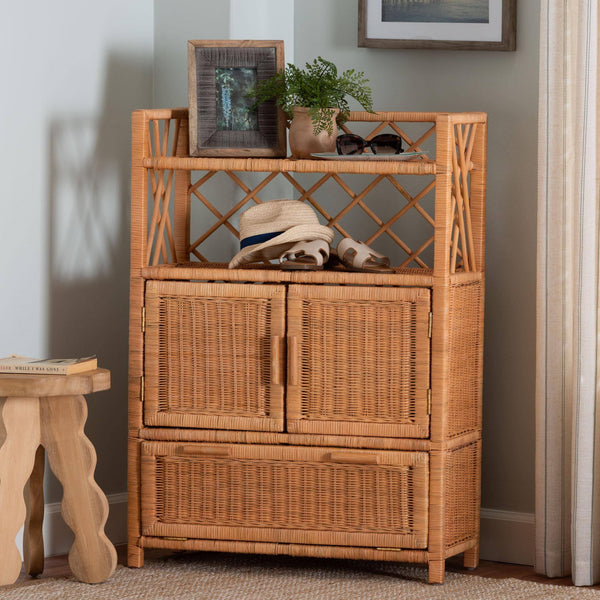 Bali & Pari Hendrina Handcrafted Rattan Mahogany Shoe Cabinet Boho Entryway Organizer
