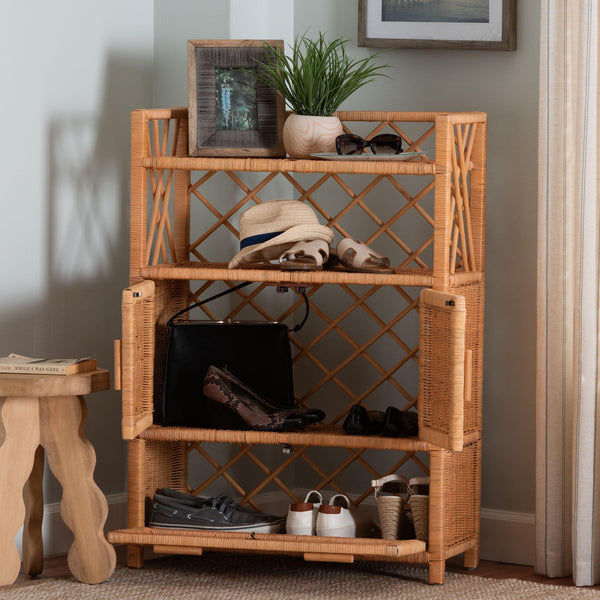 Bali & Pari Hendrina Handcrafted Rattan Mahogany Shoe Cabinet Boho Entryway Organizer