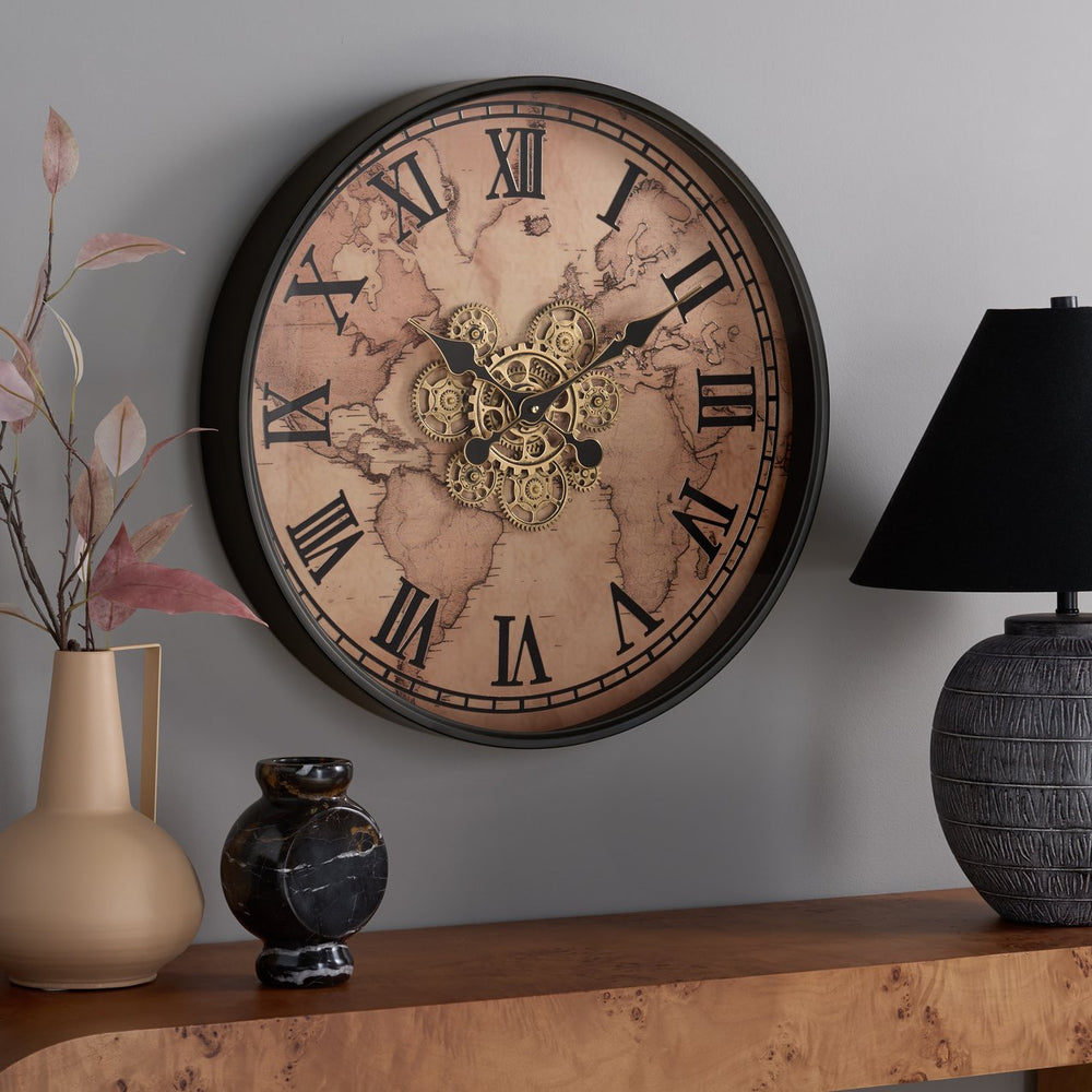 Safavieh Edson World Map Gear Wall Clock Vintage Industrial Mdf Frame For Office Or Living Room WS360315