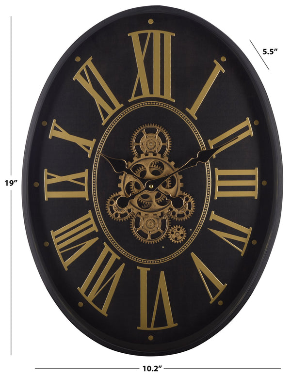 Safavieh Crosby Oval Wall Clock With Roman Numerals And Industrial Gear Motif For Modern Interiors WS360501