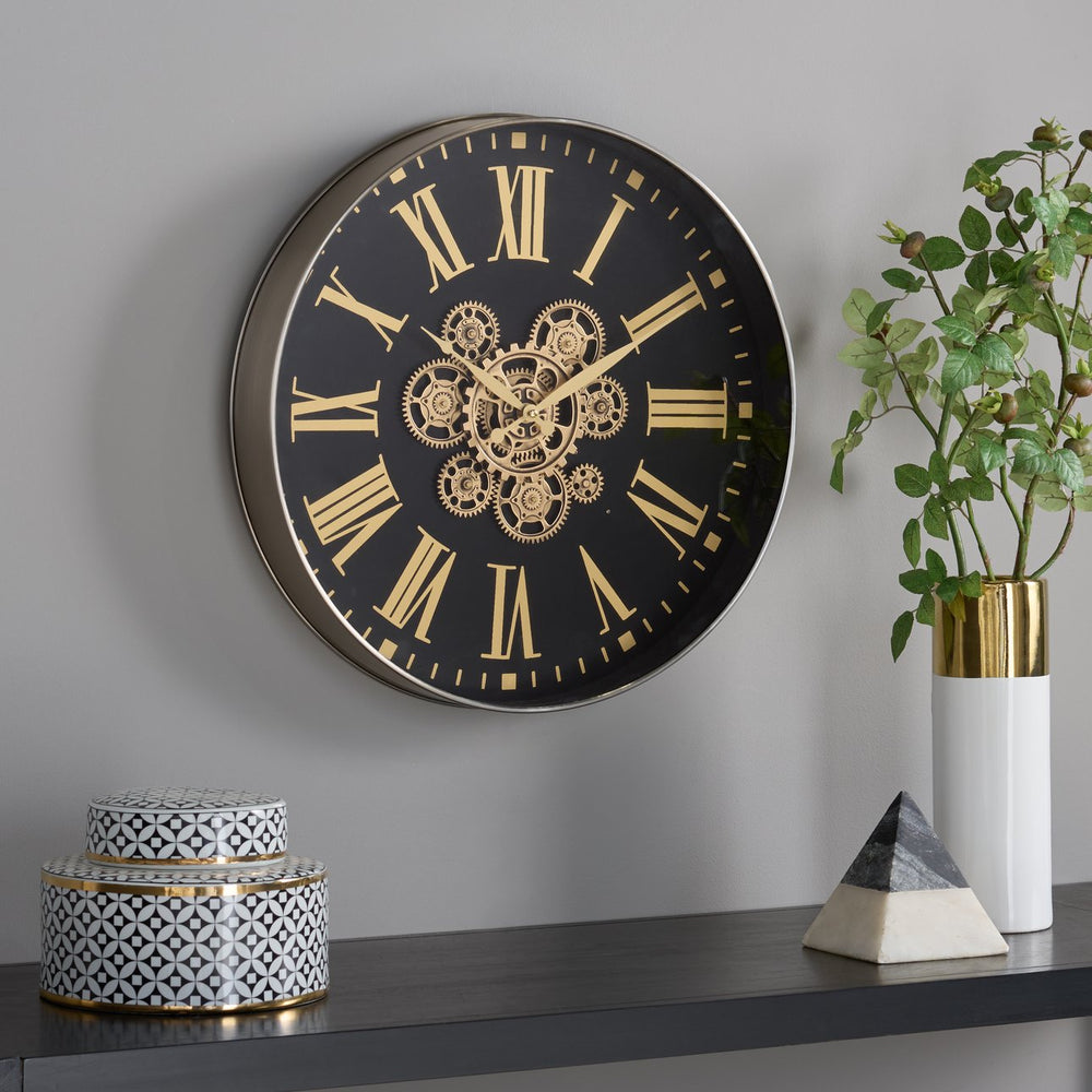 Safavieh Thatcher Roman Numeral Gear Wall Clock Quartz Movement Mdf Metal Living Room Decor WS360701