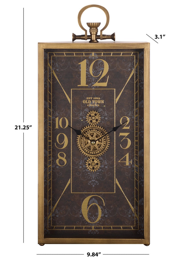 Safavieh Maximilian Industrial Gear Rectangle Clock With Tempered Glass Face For Modern Home Decor BLACK / GOLD WS361601