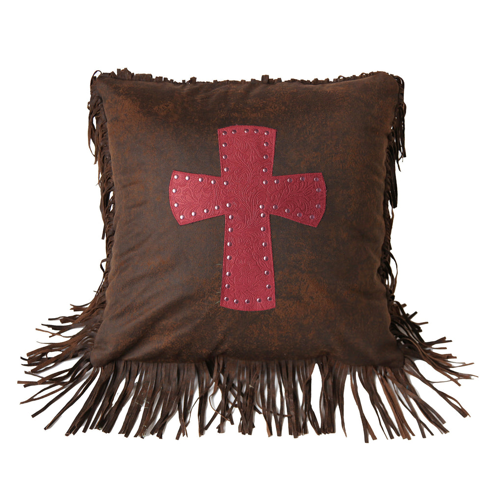 Hiend Accents Cheyenne Cross Tooled Leather Throw Pillow - Western Charm With Floral Design And Stylish Fringe Turquoise 100% Polyester Ws4001p2-os-tq