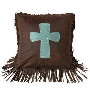 Hiend Accents Cheyenne Cross Tooled Leather Throw Pillow - Western Charm With Floral Design And Stylish Fringe Turquoise 100% Polyester Ws4001p2-os-tq