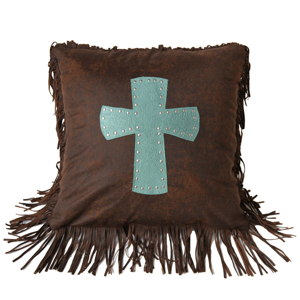 Hiend Accents Cheyenne Cross Tooled Leather Throw Pillow - Western Charm With Floral Design And Stylish Fringe Turquoise 100% Polyester Ws4001p2-os-tq