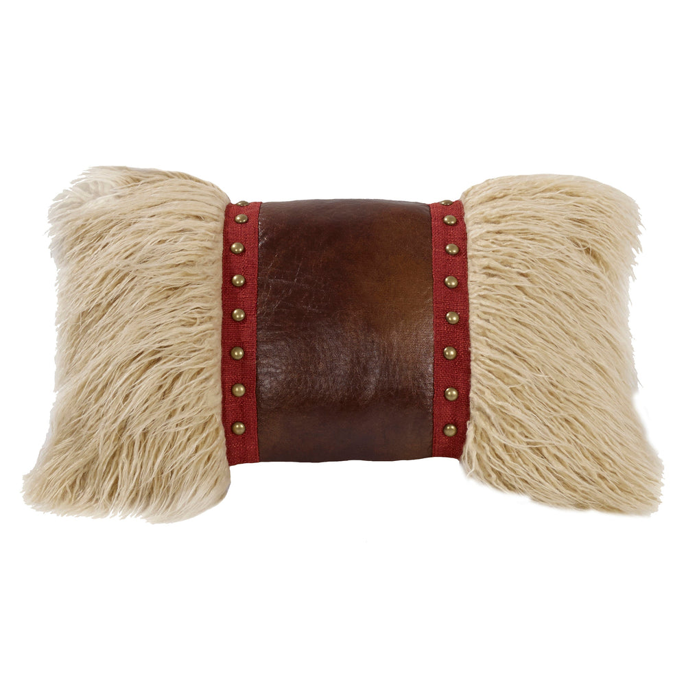 Hiend Accents Ruidoso Mongolian Fur Studded Leather Pillow - Luxurious Accent For Southwestern Home Décor Cream,Brown,Red Shell, 100% Polyester,Fill, 100% Waterfowl Feathers Ws4066p8