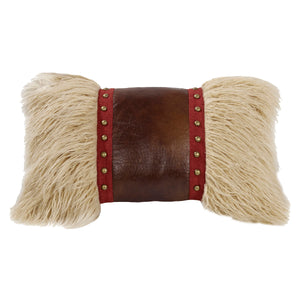 Hiend Accents Ruidoso Mongolian Fur Studded Leather Pillow - Luxurious Accent For Southwestern Home Décor Cream,Brown,Red Shell, 100% Polyester,Fill, 100% Waterfowl Feathers Ws4066p8