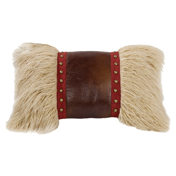 Hiend Accents Ruidoso Mongolian Fur Studded Leather Pillow - Luxurious Accent For Southwestern Home Décor Cream,Brown,Red Shell, 100% Polyester,Fill, 100% Waterfowl Feathers Ws4066p8
