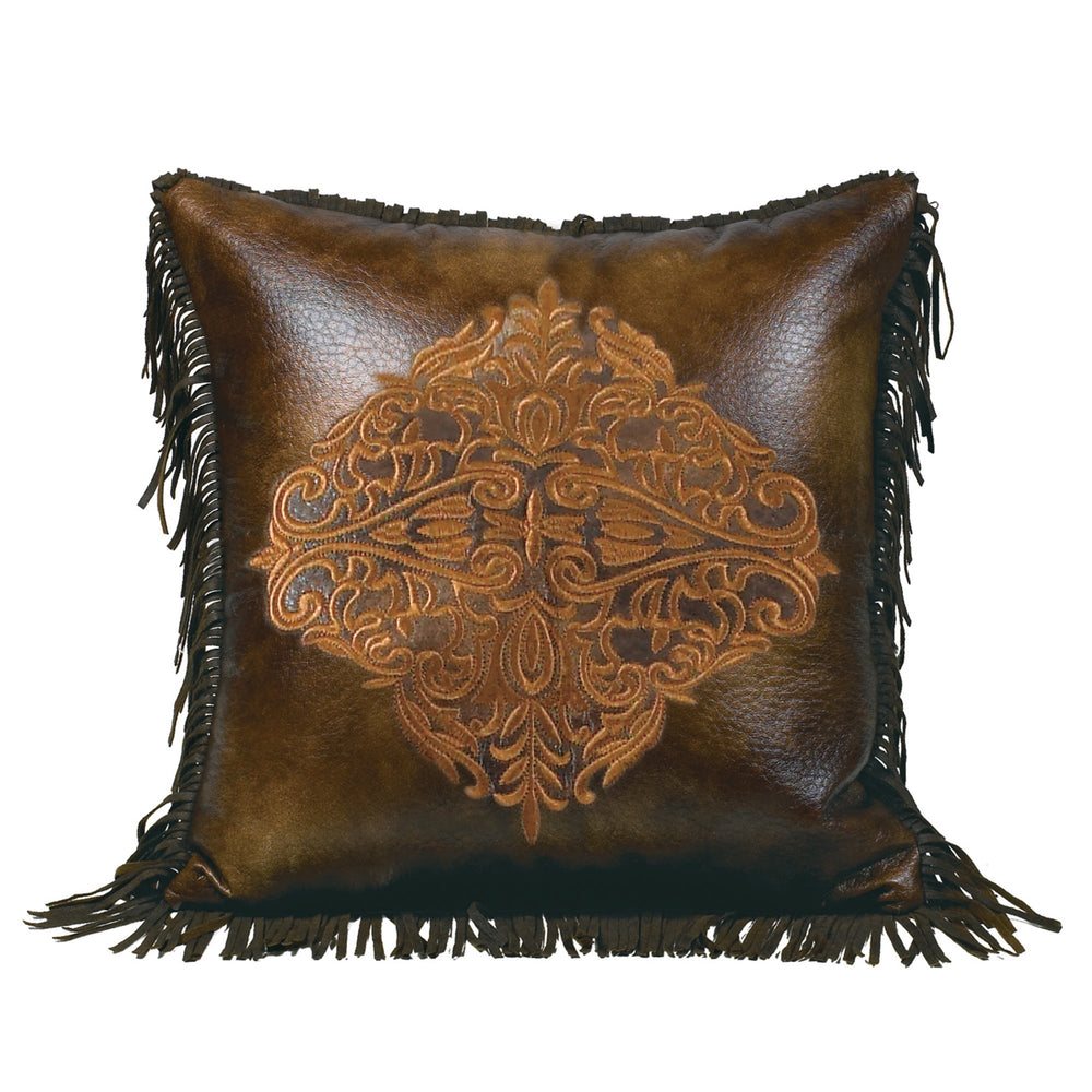 Hiend Accents Austin Golden Medallion Throw Pillow - Luxurious Faux Leather With Fringe For Rustic Elegance Brown Shell, 100% Polyester. Filling, 100% Waterfowl Feathers Ws4068p2