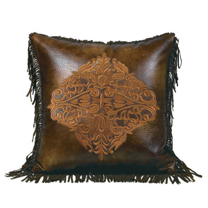 Hiend Accents Austin Golden Medallion Throw Pillow - Luxurious Faux Leather With Fringe For Rustic Elegance Brown Shell, 100% Polyester. Filling, 100% Waterfowl Feathers Ws4068p2