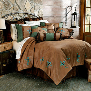 Hiend Accents Las Cruces Ii Comforter Set - Luxurious Western Elegance With Rustic Charm And Intricate Design Tan,Turquoise Comforter ,Face, 100% Polyester,Back, 100% Cotton. Bed Skirt ,Skirt, 100% Polyester,Decking, 100% Polyester. Pillow Sham ,100% Polyester. Neckroll ,Shell, 100% Polyester,Fill, 100% Polyester. Ws4183-sq-oc