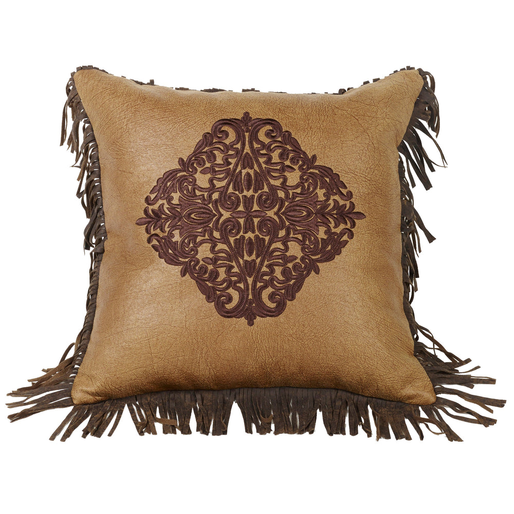 Hiend Accents Las Cruces Embroidered Damask Toss Pillow – Elegant Faux Leather Design With Fringe For Home Décor Tan Shell, 100% Polyester,Fill, 100% Waterfowl Feathers Ws4183p2