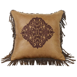 Hiend Accents Las Cruces Embroidered Damask Toss Pillow – Elegant Faux Leather Design With Fringe For Home Décor Tan Shell, 100% Polyester,Fill, 100% Waterfowl Feathers Ws4183p2