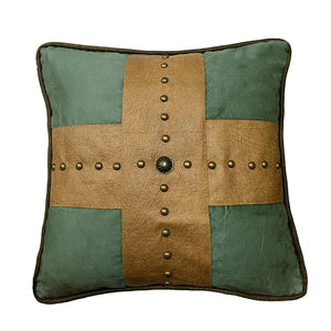 Hiend Accents Las Cruces Gold Studded Cross Throw Pillow - Western Elegance Meets Modern Style For Your Home Decor Turquoise,Tan Shell, 100% Polyester,Fill, 100% Waterfowl Feathers Ws4183p4