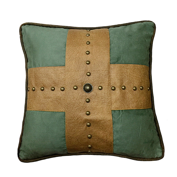 Hiend Accents Las Cruces Gold Studded Cross Throw Pillow - Western Elegance Meets Modern Style For Your Home Decor Turquoise,Tan Shell, 100% Polyester,Fill, 100% Waterfowl Feathers Ws4183p4