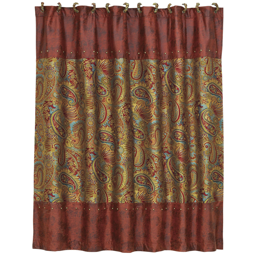 Hiend Accents San Angelo Paisley Shower Curtain - Vibrant Jewel Tones With Faux Leather Panels & Brass Studs Red,Gold,Blue 100% Polyester Ws4287sc
