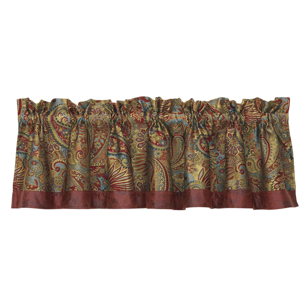 Hiend Accents San Angelo Paisley Valance - Elegant Jewel Tones With Faux Leather Trim For Cozy Home Decor Style Red,Gold,Blue 100% Polyester Ws4287v1