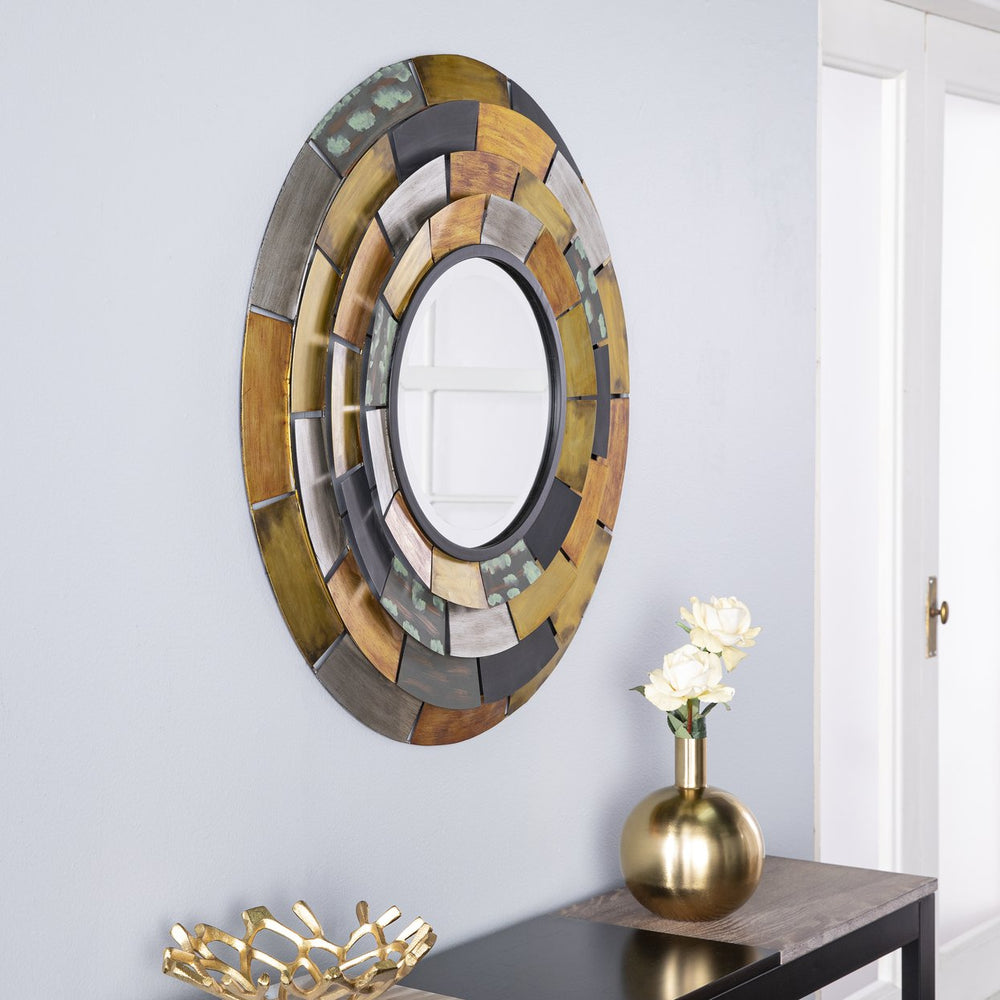 Safavieh Baroda Round Iron Tile Wall Mirror With Beveled Glass For Rustic Eclectic Decor WS4761