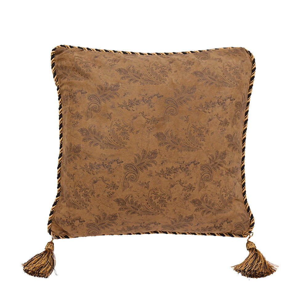 Hiend Accents Small Paisley Throw Pillow - Rustic Charm In Dark Tan Faux Suede With Golden Rope Flange & Tassels   Ws5002p1