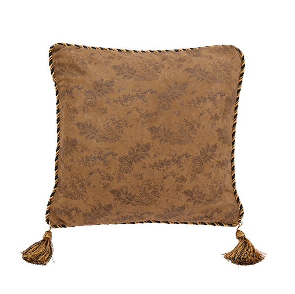 Hiend Accents Small Paisley Throw Pillow - Rustic Charm In Dark Tan Faux Suede With Golden Rope Flange & Tassels   Ws5002p1